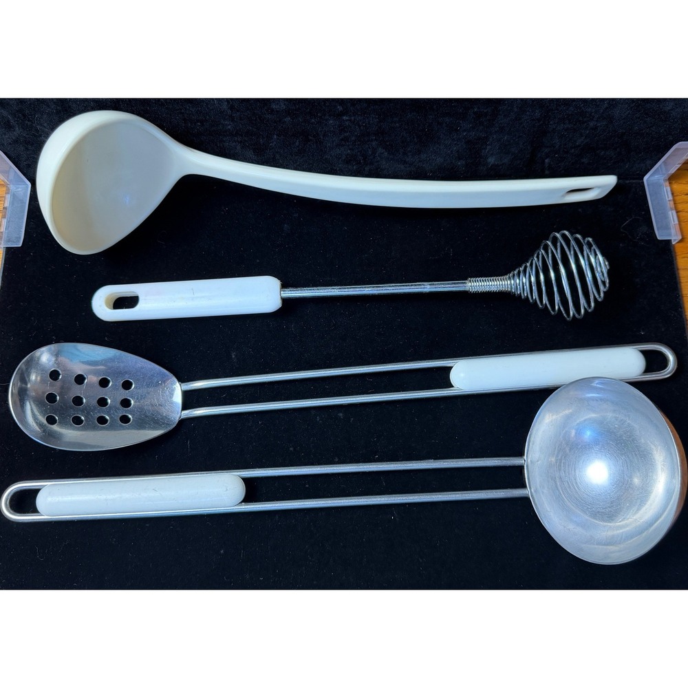 Vintage Kitchen Utensil Set Melamine Ladle Whisk Slotted Spoon Stainless Steel